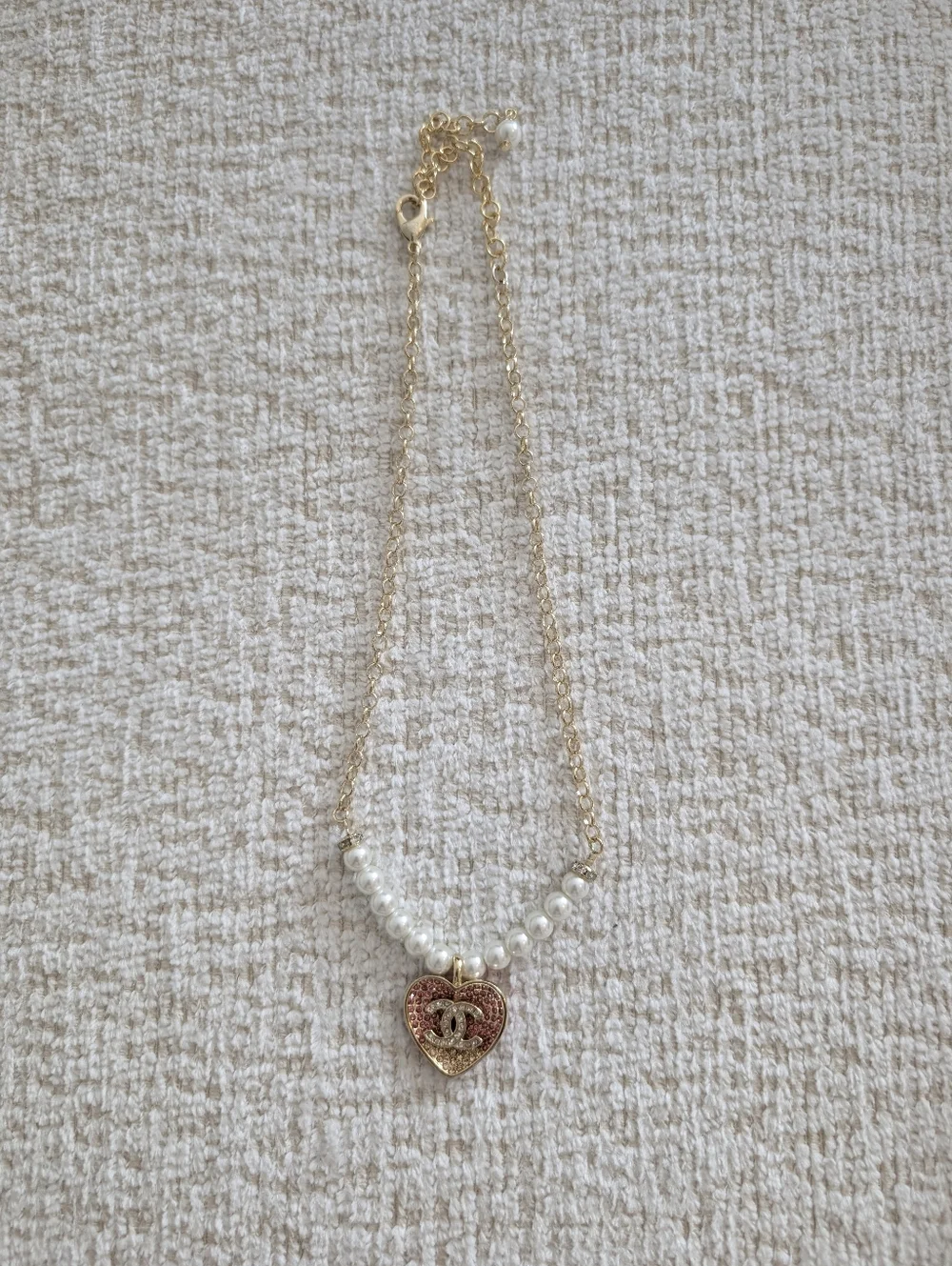 CHANEL Gold-Chain Necklace with Pink Heart and Pearls